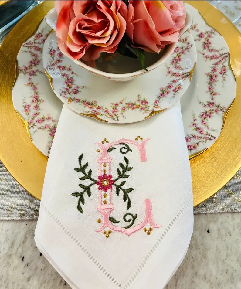 Regal Daisy Monogram Embroidered on Linen Dinner Napkin | Etsy (Global)