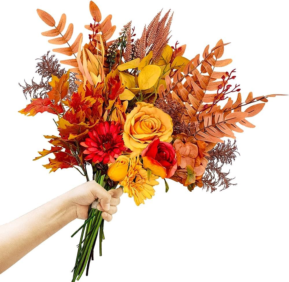 Ruidazon Artificial Fall Flowers Bouquets, 21.6” Autumn Fake Silk Orange Flowers Wedding Bouque... | Amazon (US)