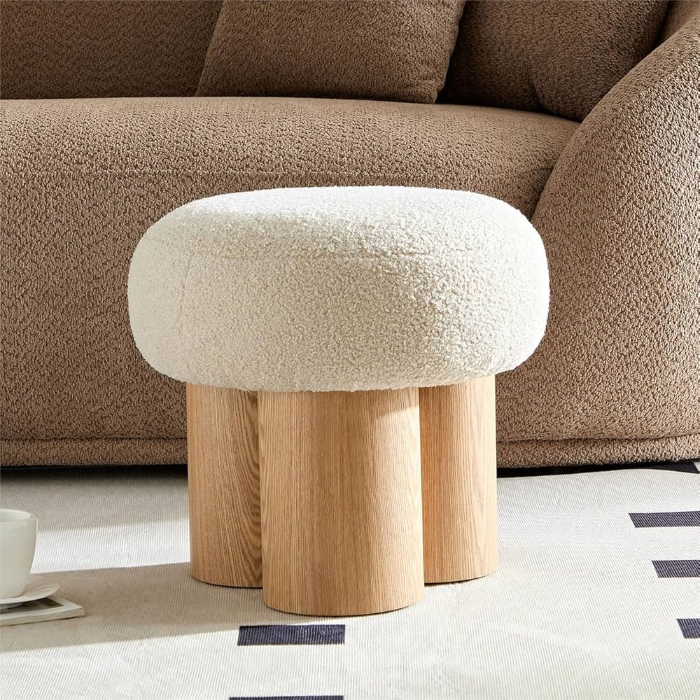 MEETAKING Small Round Foot Stool, Teddy Fabric Footrest Ottoman Stool with Non-Skid Legs, Modern Footstools Step for Couch, Desk, Office, Living Room (Griege) | Amazon (US)