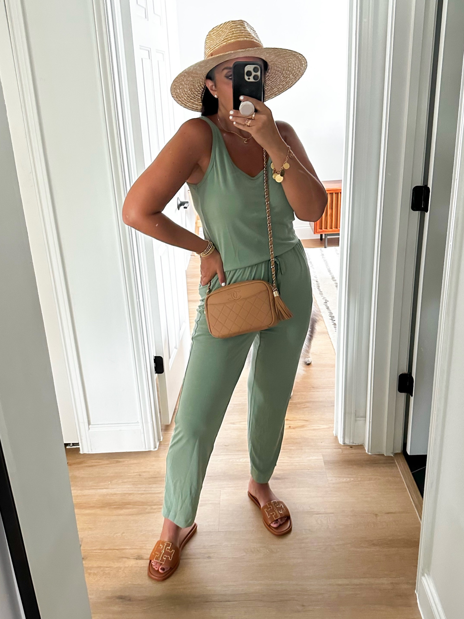 Red Dress Play My Cards Sage Jumpsuit wearing size small. Kendra Scott Letter S Pendant Necklace in Gold. Tory Burch double t sandals 