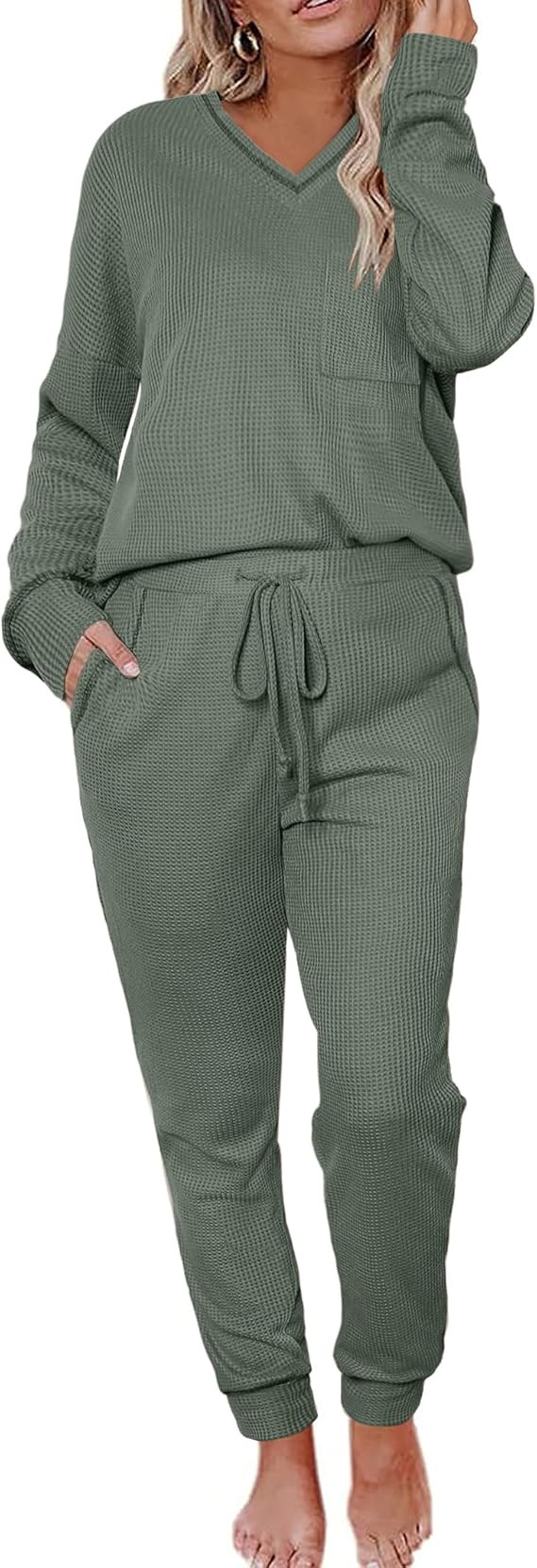 Womens Pajama Sets Waffle Knit 2 Piece Lounge Sets Sleepwear Loungewear Pjs Long Sleeve Maternity... | Amazon (US)