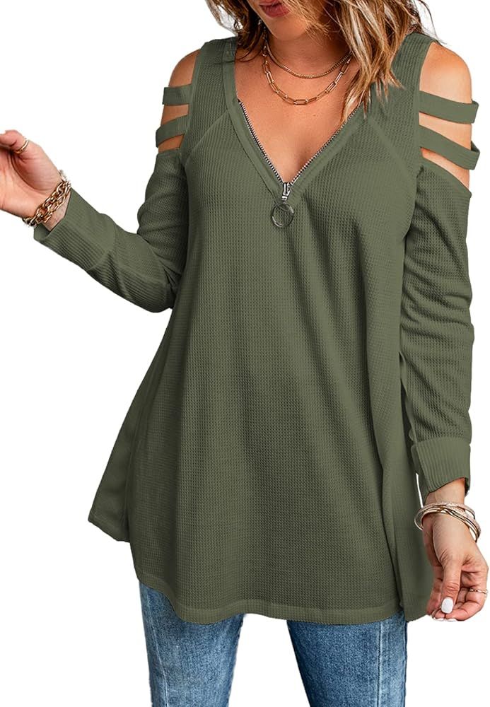 FARYSAYS Women's Casual Cold Shoulder Zipper V Neck Tunic Tops Long Sleeve Waffle Knit Loose Blouses | Amazon (US)