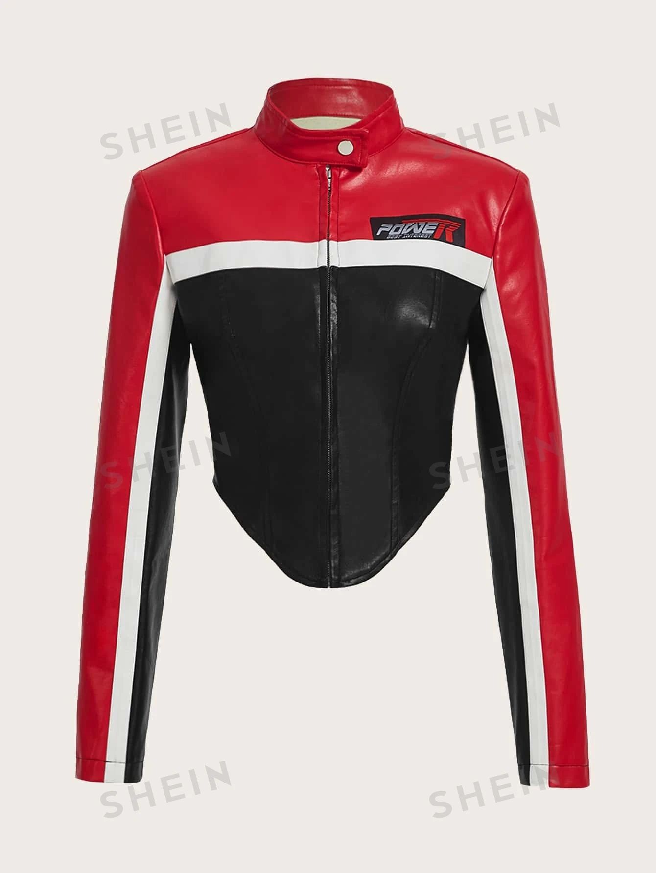 SHEIN ICON Bikercore Colorblock Zip Up PU Leather Y2k Jacket | SHEIN
