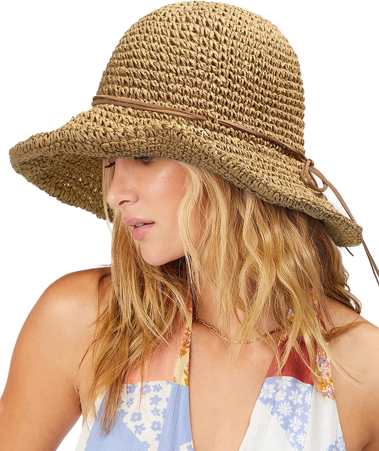 Women's Foldable Straw Sun Hat Wide Brim UPF 50+ Crochet Summer Floppy Beach Hat | Amazon (US)