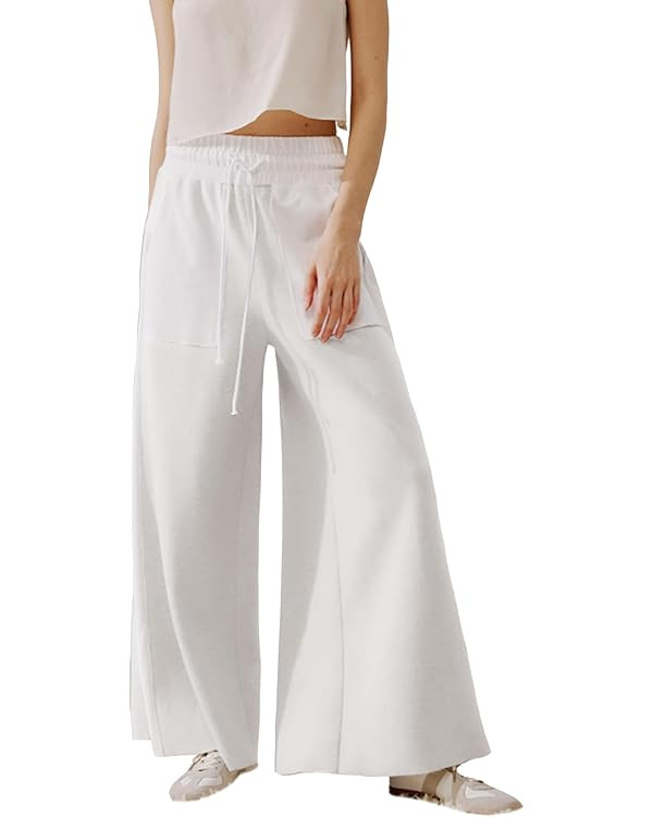 Women's Wide Leg Pants High Waisted Casual Flowy Pants Patchwork Two-Tone Color Block Drawstring ... | Amazon (US)