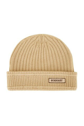 Burberry Logo Patch Beanie in Tan | FWRD 