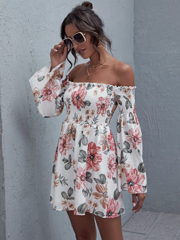 Off Shoulder Frill Trim Shirred Floral Dress | SHEIN