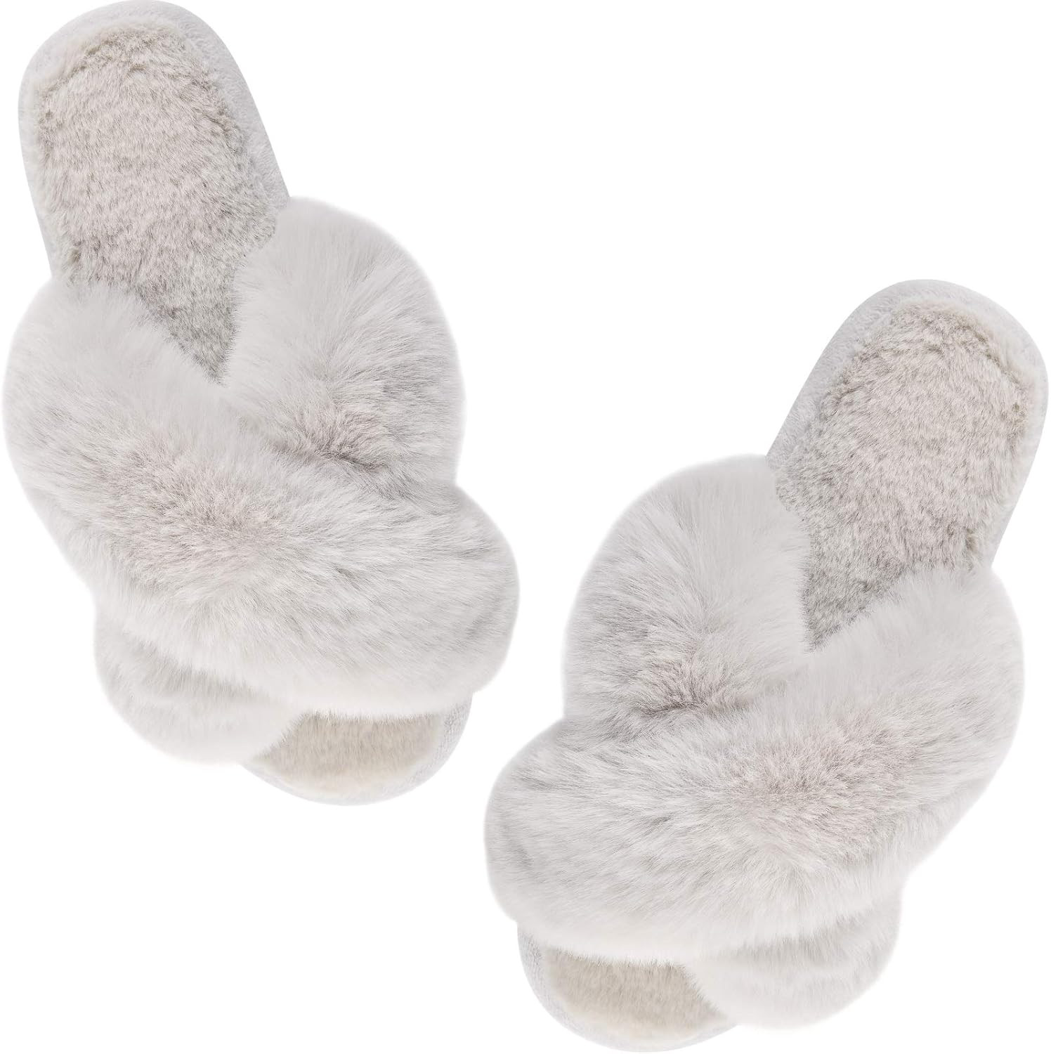 Women's Cross Band Slippers Soft Plush Furry Cozy Open Toe House Shoes Indoor Outdoor Faux Rabbit Fu | Amazon (US)
