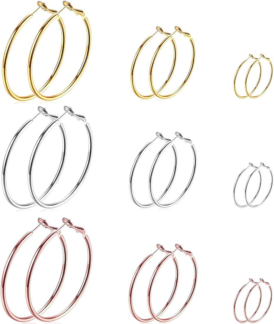 Cocamiky 9 Pairs Big Gold Hoop Earrings set for Women Girls,Stainless Steel 14K Gold Plated Thin ... | Amazon (US)