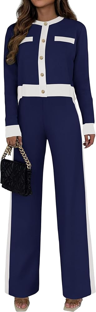 PRETTYGARDEN Women's 2 Piece Outfits Long Sleeve Button Down Color Block Cardigan Sweater Sets Wi... | Amazon (US)