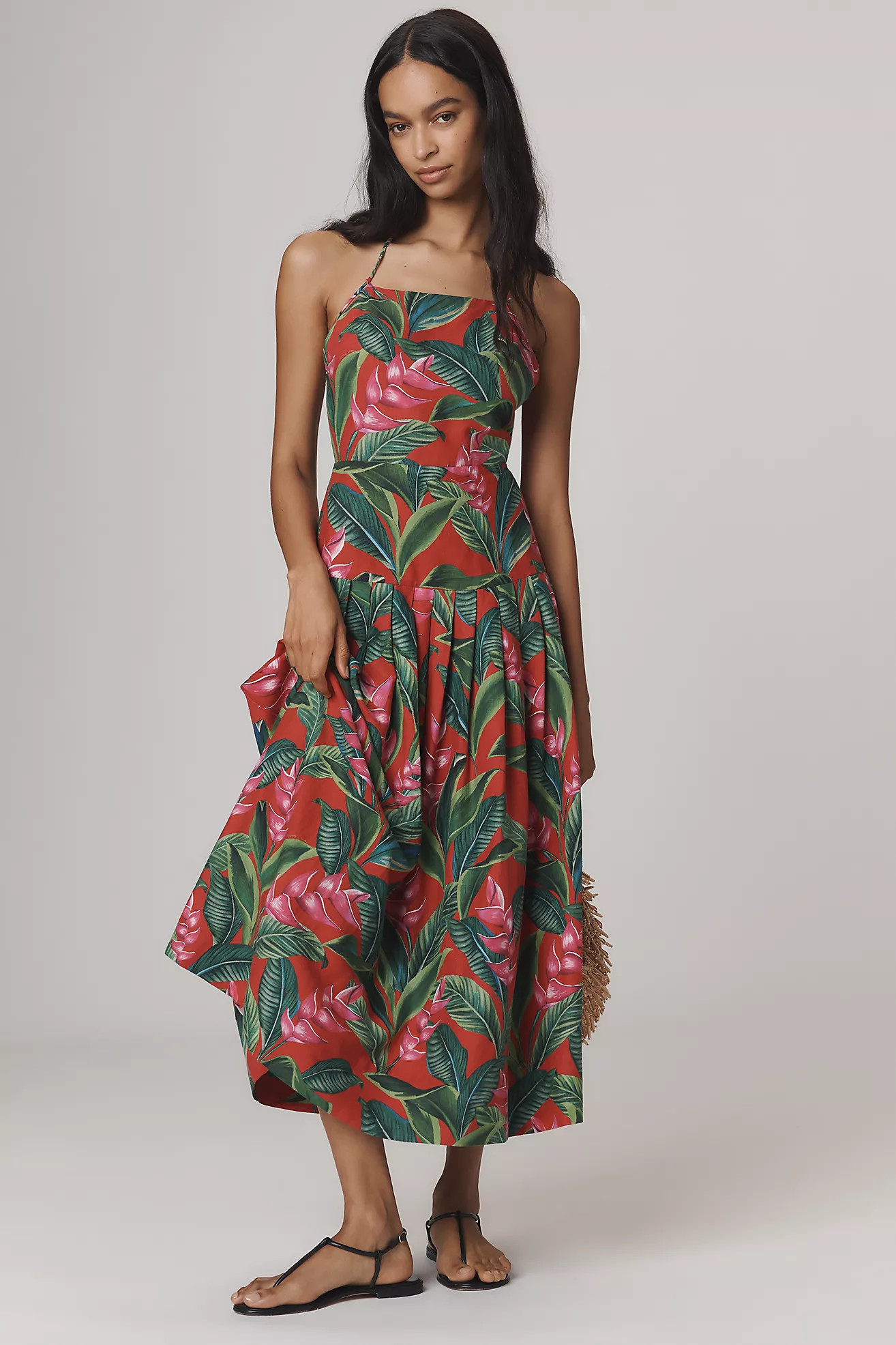 Farm Rio Linen Blend Dream Garden Strappy Drop-Waist Midi Dress | Anthropologie (US)