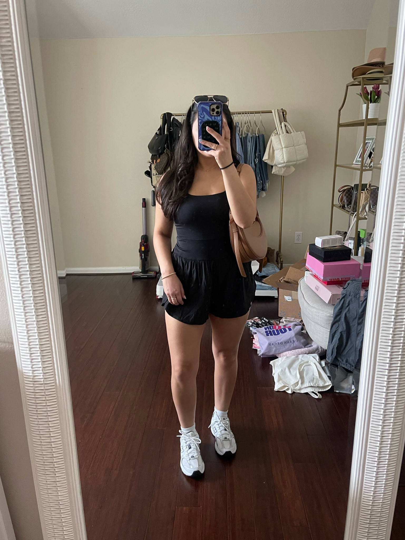 Roadtrip outfit idea 
Athletic romper: small
White ankle socks 
New balance 530 sneakers: 4.5 men 
Amazon sunglasses 
Polene inspired bag 

#LTKFindsUnder100 #LTKActive #LTKStyleTip