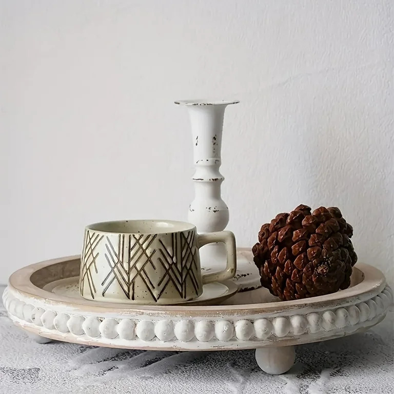 FZBCTLDZ 12in Round Wooden Serving Tray with Beaded Rim, Distressed White Farmhouse Decor for Cof... | Walmart (US)