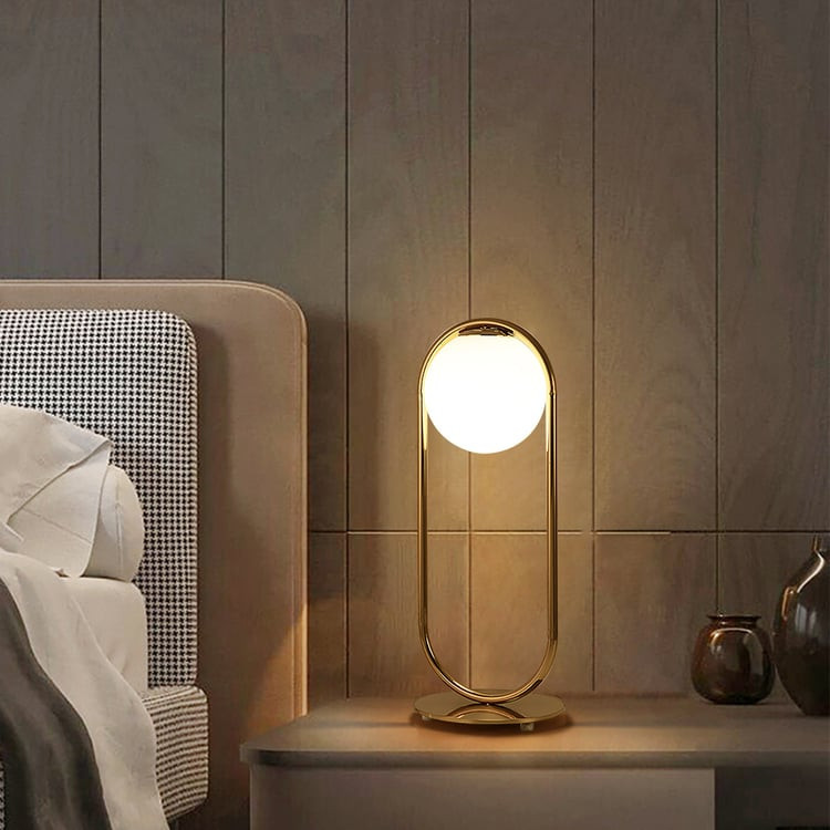 Gold Metal White Glass Globe Table Lamp LED for Bedroom | Homary