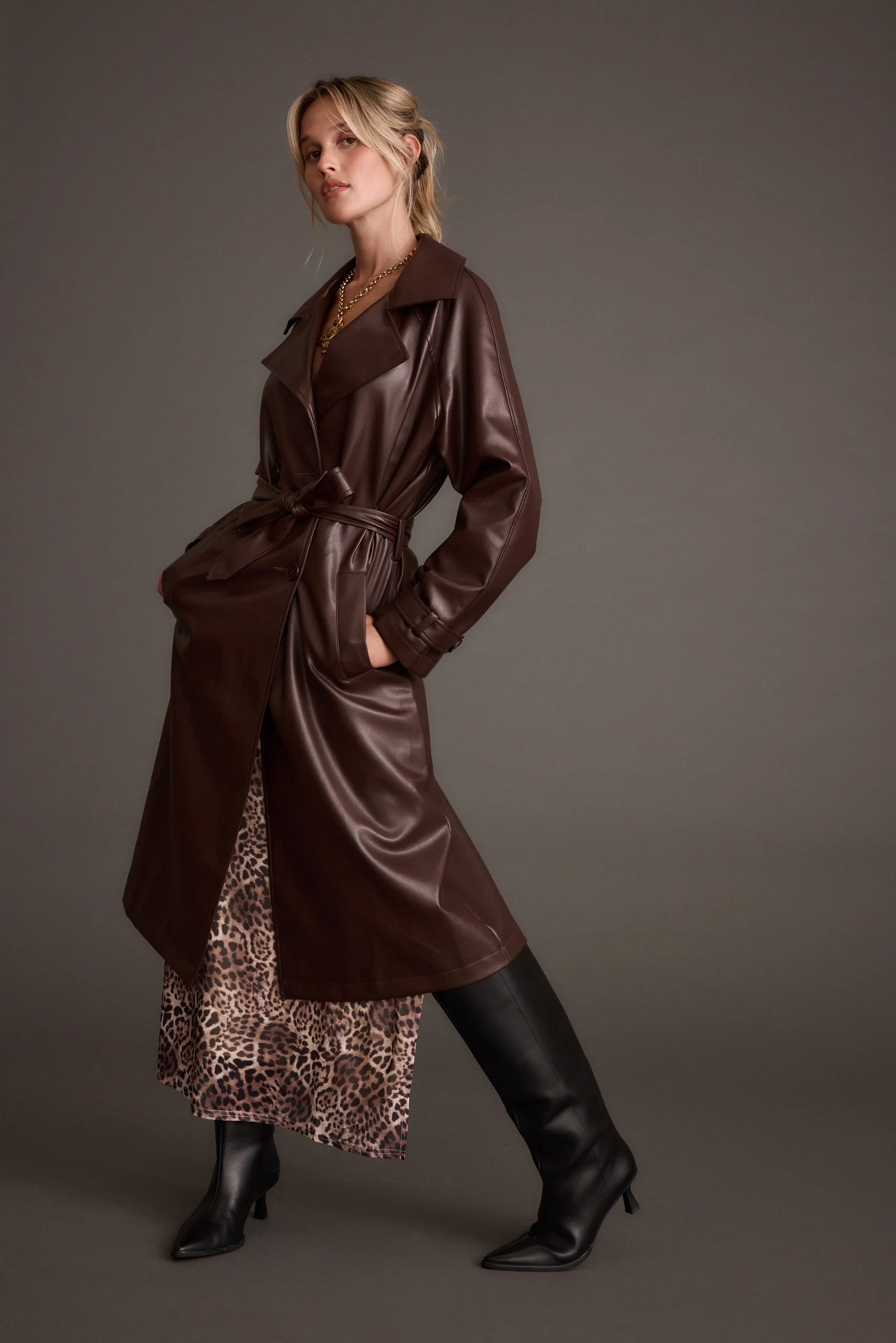 Brynne Faux Leather Mahogany Brown Trench | 12th Tribe