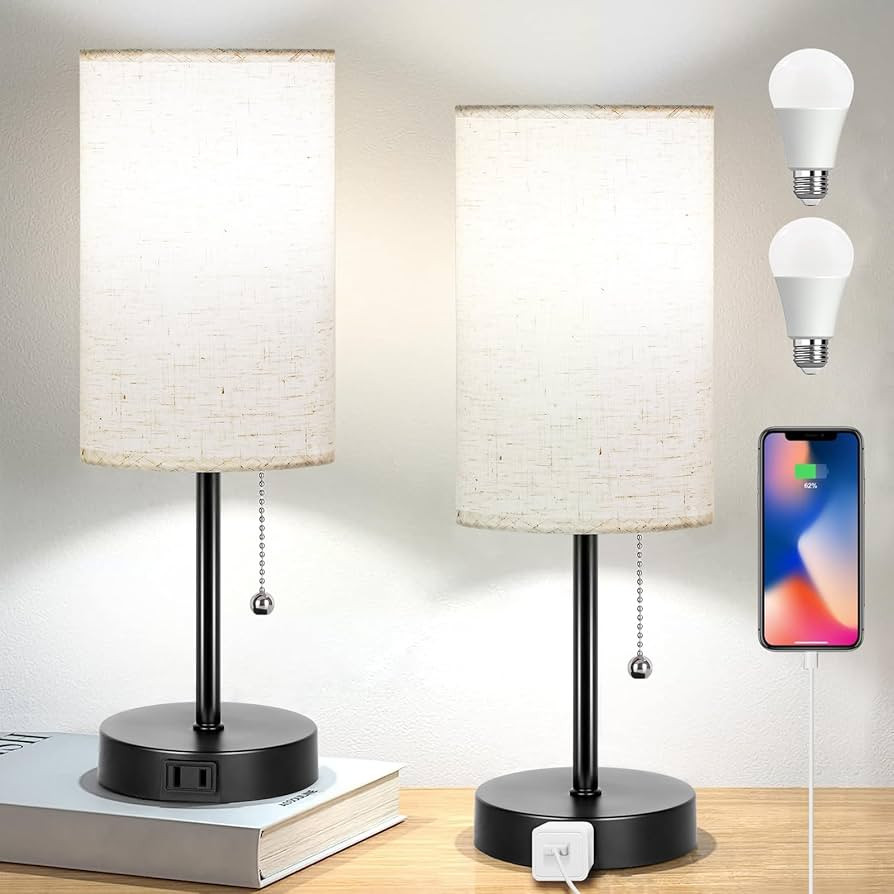 Kukobo Table Lamps Set of 2, Bedside Lamp for Bedroom Living Room, Nightstand Lamp with AC Outlet... | Amazon (US)
