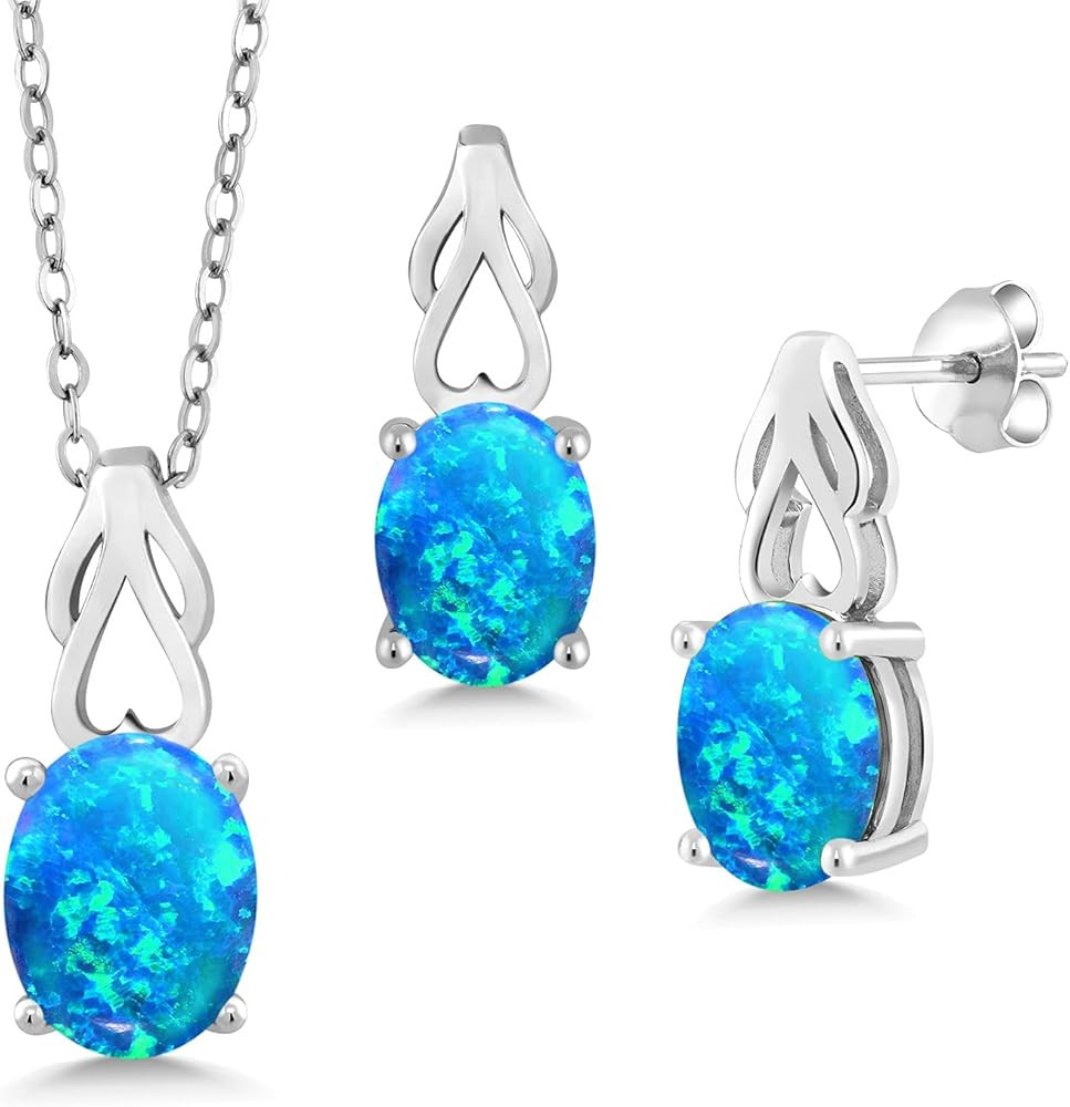 Gem Stone King 925 Sterling Silver Oval Blue Opal Pendant and Earrings Jewelry Set For Women | 1.... | Amazon (US)