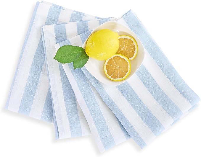 Solino Home Linen Napkins Set of 4-100% Pure Linen Sorrento Stripe Blue and White Cloth Dinner Na... | Amazon (US)