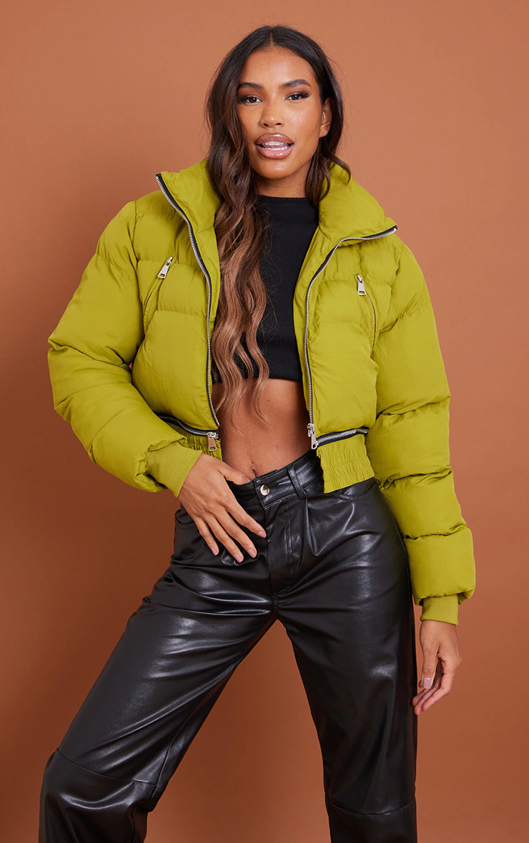 Dark Olive Detachable Hem Cropped Puffer Coat | PrettyLittleThing US