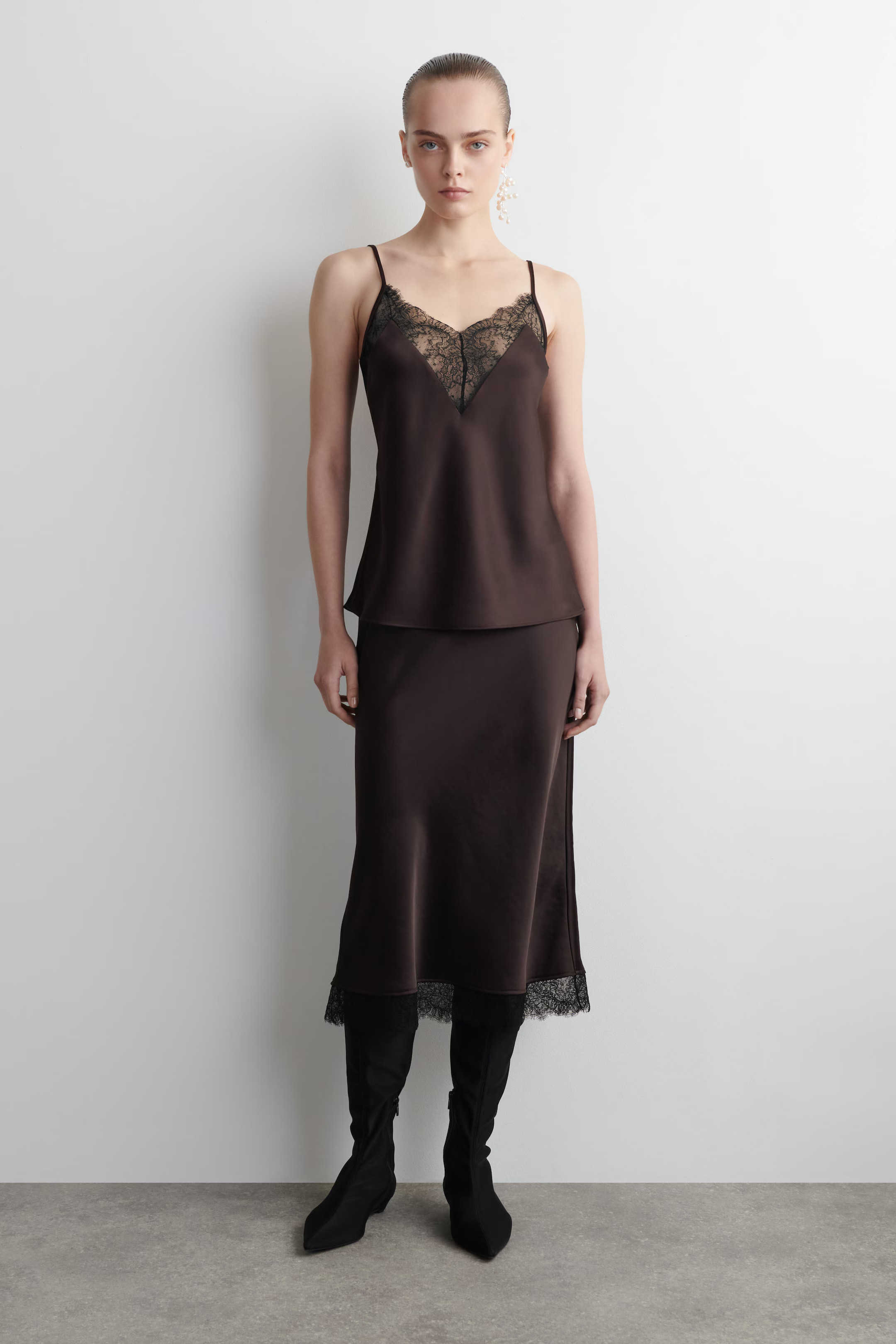 LACE-TRIMMED SATIN CAMI TOP - BROWN | COS GB | COS UK
