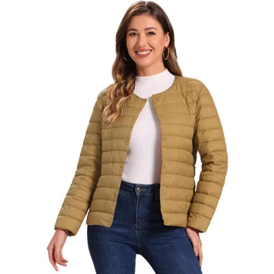 INSPIRE CHIC Women's Winter Lightweight Button Down Packable Long Sleeve Puffer Jacket Small Brown | Target