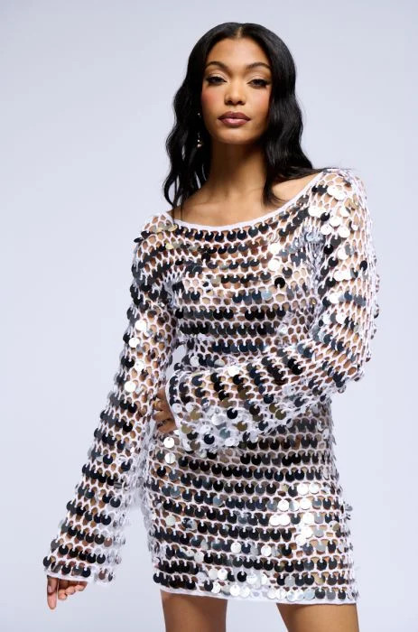 TAKE ME TO THE BEACH KNIT METALLIC MINI DRESS IN WHITE | AKIRA