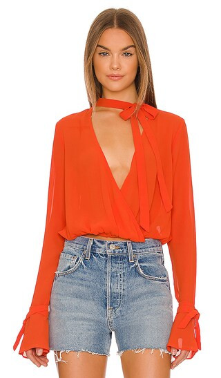 x REVOLVE Joli Tie Cuff Blouse in Orange Red | Revolve Clothing (Global)