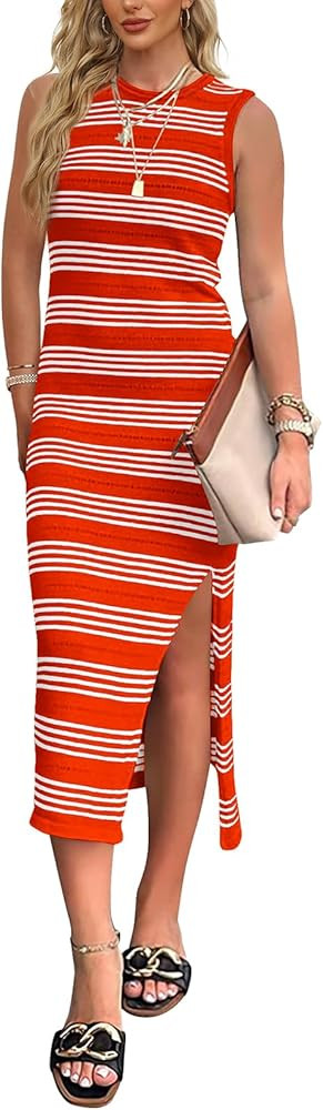 WIHOLL Womens Bodycon Summer Casual Midi Sundress Sleeveless Cute Hollow Out Knit Side Slit Strip... | Amazon (US)