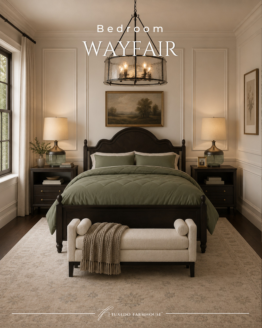 Bedroom refresh, but make it timeless. This beautiful bed, soft sage bedding, and classic lighting create a cozy retreat that feels elevated without trying too hard. Layer in warm neutrals, a plush bench, and a vintage-inspired rug for a space you'll love coming home to. Every piece is linked in my LTK! 🤍

#LTKHome #LTKStyleTip #LTKSeasonal #BedroomDecor #WayfairFinds #NeutralHome #CozyBedroom #ClassicStyle 

 #LTKSeasonal #LTKHome #LTKSaleAlert