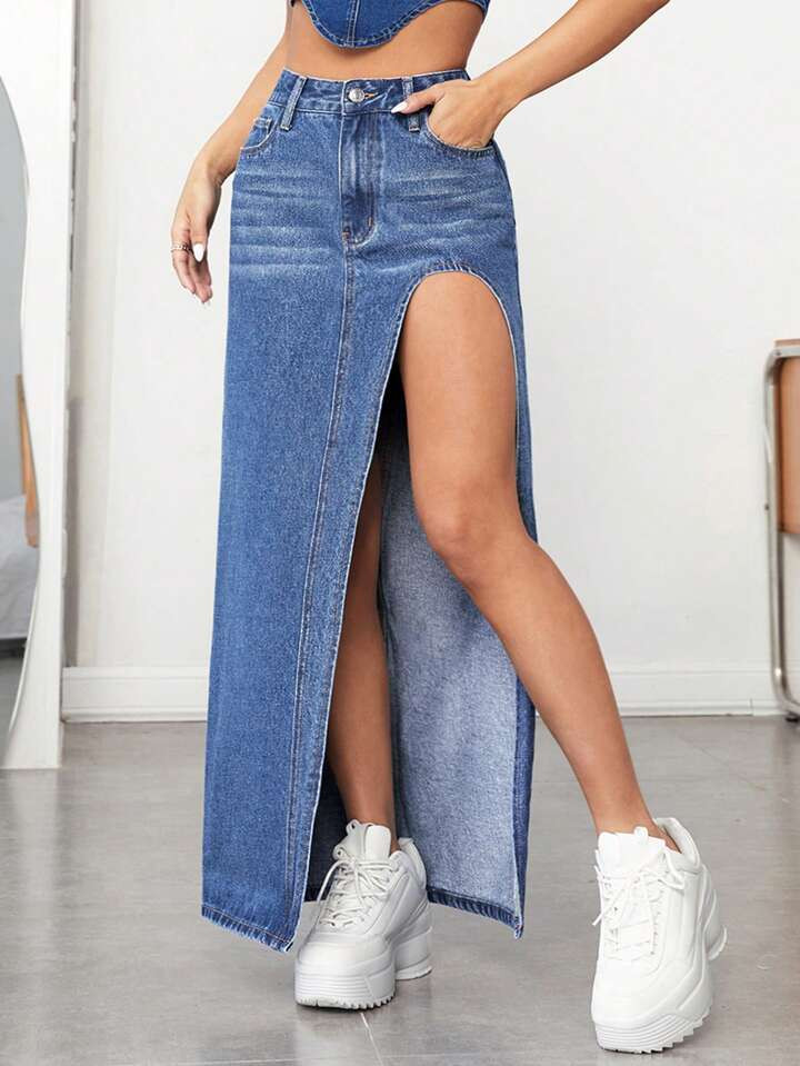 SHEIN ICON High Waist Split Thigh Denim Skirt | SHEIN