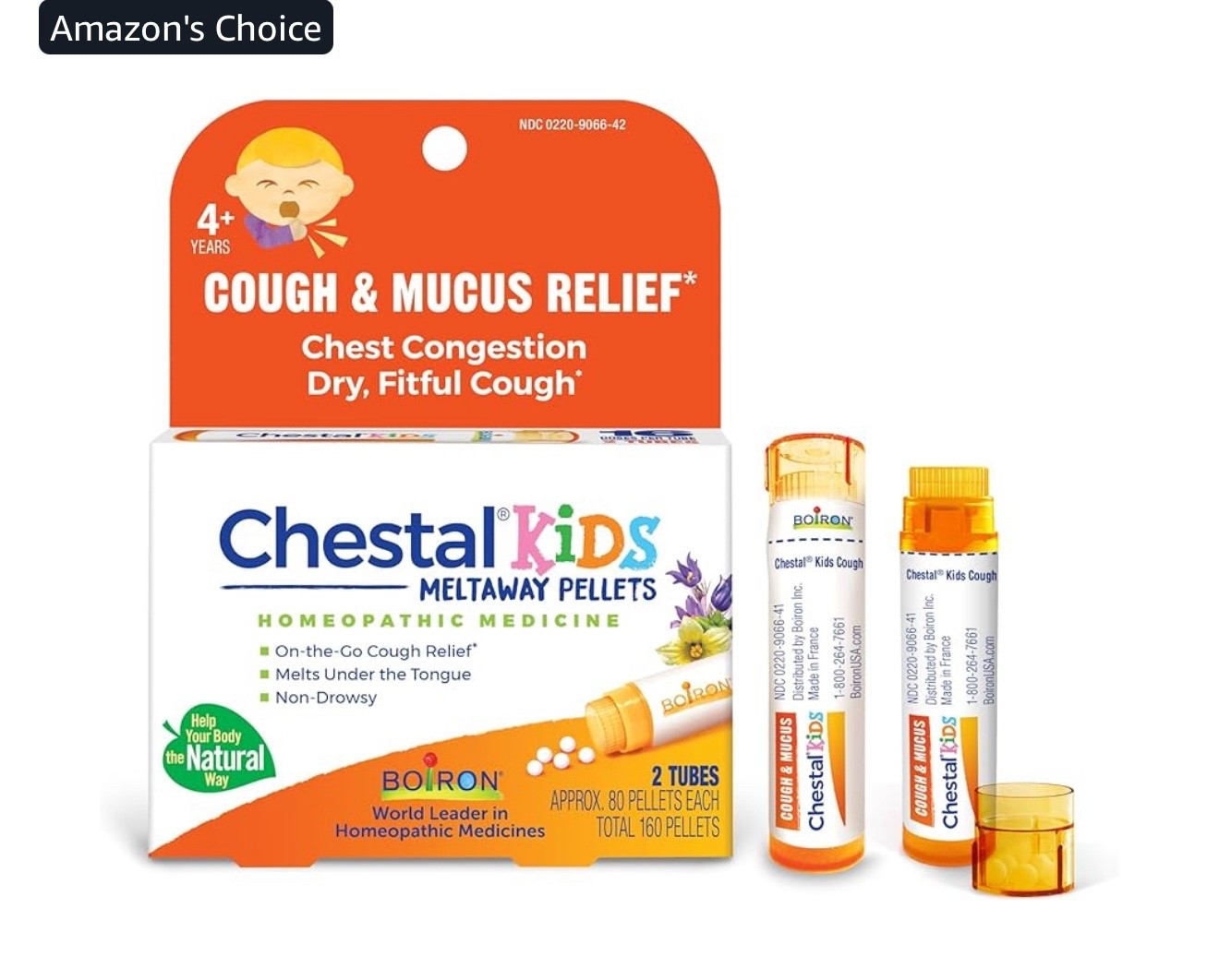 Boiron Chestal Kids Pellets for Cough and Mucus Relief, Nasal or Chest Congestion, and Sore Throat Relief - 2 Count (160 Pellets)