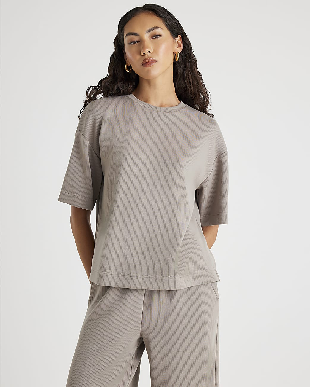 Beige Premium Ribbed Boxy T-shirt | River Island UK & IE