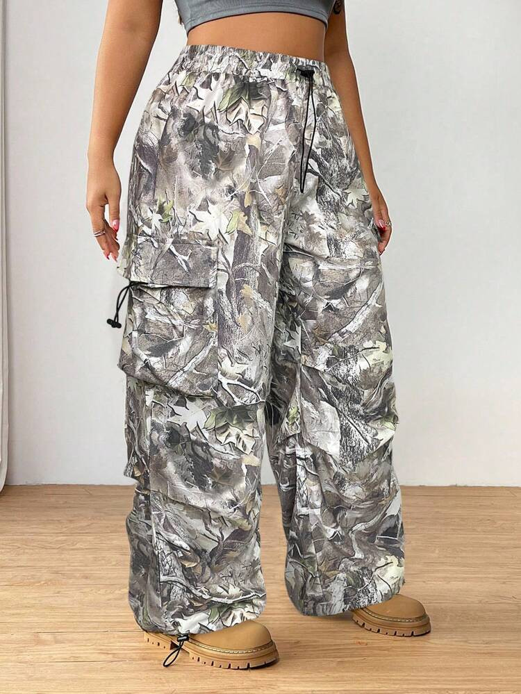 SHEIN EZwear Plus Size Apricot Digital Print Casual Pants Parachute Pants For Women Camo Pants Cargos For Women | SHEIN