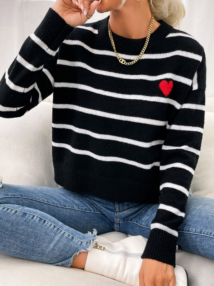 SHEIN Frenchy Striped And Heart Pattern Drop Shoulder Sweater | SHEIN