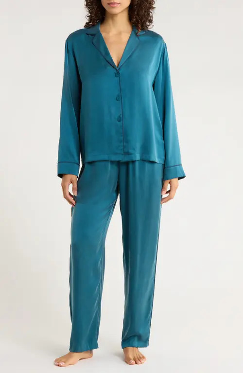 Lunya Piped Washable Silk Pajamas in Piquant Teal/Lazing Navy at Nordstrom, Size Small | Nordstrom