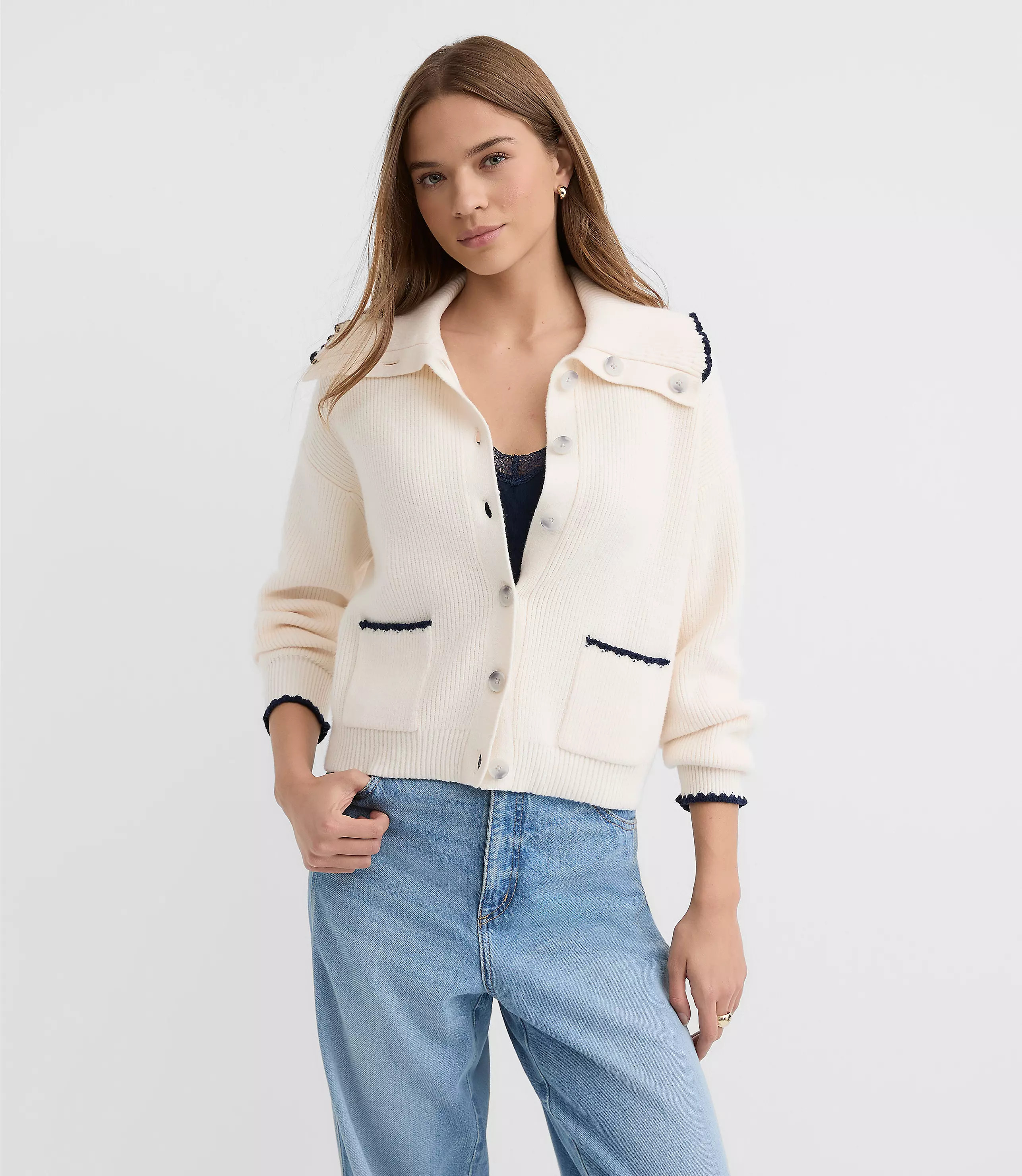 Contrast Stitched Sweater Jacket | LOFT