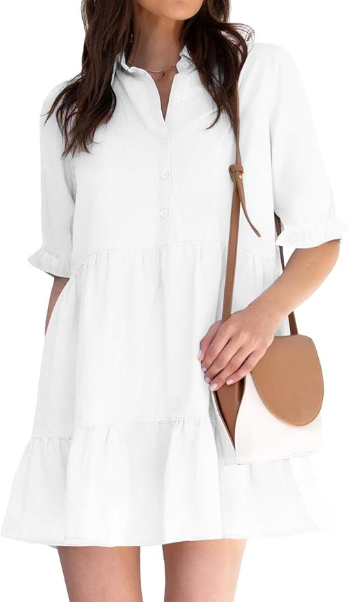 ROYLAMP Women's Summer Tunic Dress Puff Sleeve Ruffle Hem Button Down Casual Collared Shift Dress... | Amazon (US)