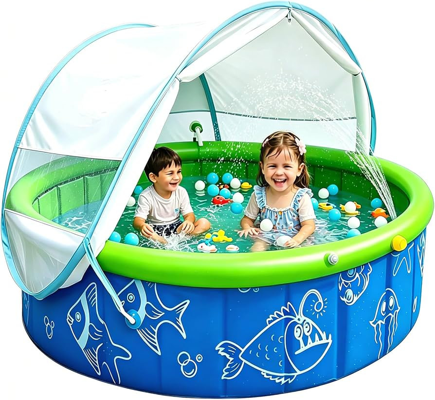 Mostop Kiddie Pool with Canopy: 47in Foldable Toddler Pool with Sprinkler & Mosquito Net,Pop Up B... | Amazon (US)