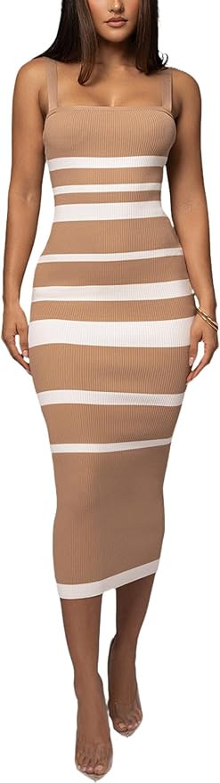 Women's Casual Striped Sleeveless Ribbed Knit Square Neck Summer Bodycon Tank Midi Dresses | Amazon (US)