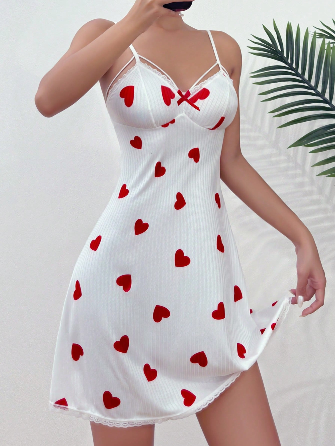 Heart Print Lace Trim Cami Nightdress | SHEIN