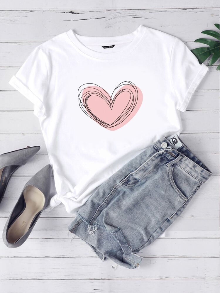 Heart Print Round Neck Tee | SHEIN