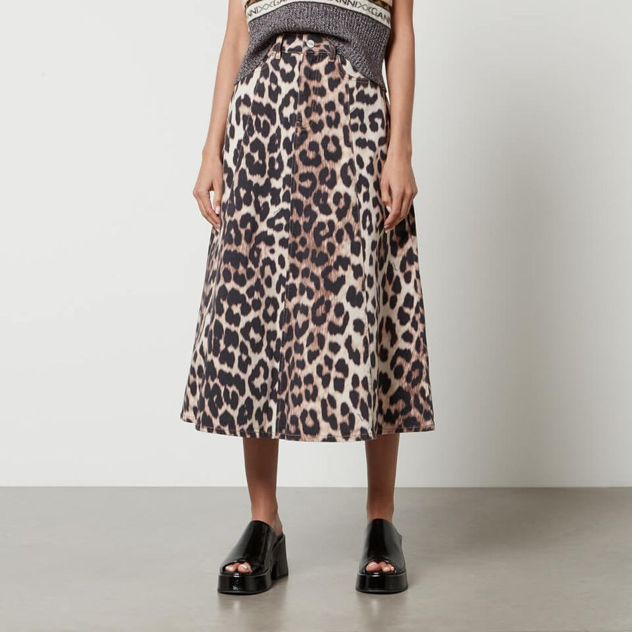 Ganni Leopard-Print Organic Denim Midi Skirt | Coggles (Global)