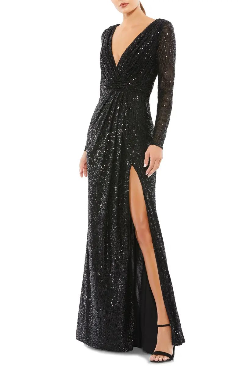 Long Sleeve Sequin Faux Wrap Gown | Nordstrom