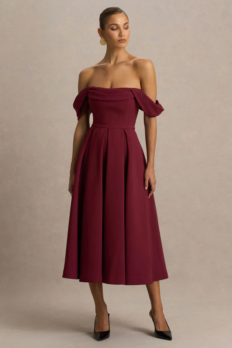 Cosima | Burgundy Bardot-Neck Midi Dress | Club L London