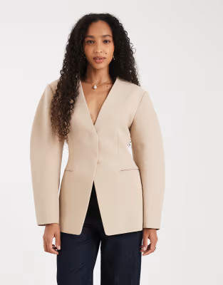 ASOS DESIGN cinch collarless blazer in camel | ASOS | ASOS (Global)