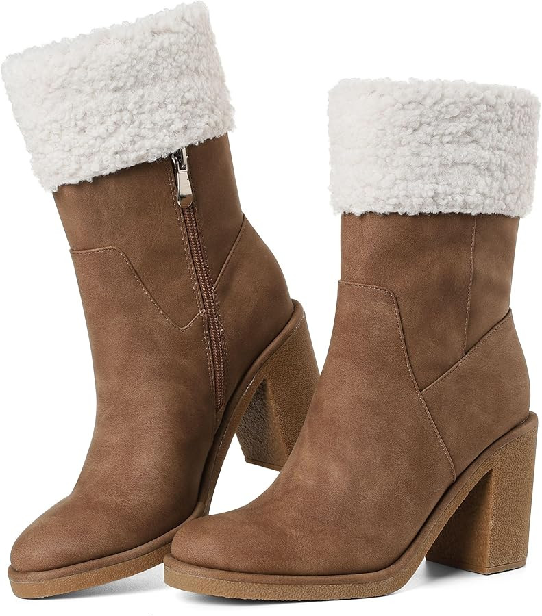 Winter Boots for Women, Comfortable Side Zipper Mid Chunky Heel Suede Warm Fur Snow Ankle Boot Ou... | Amazon (US)