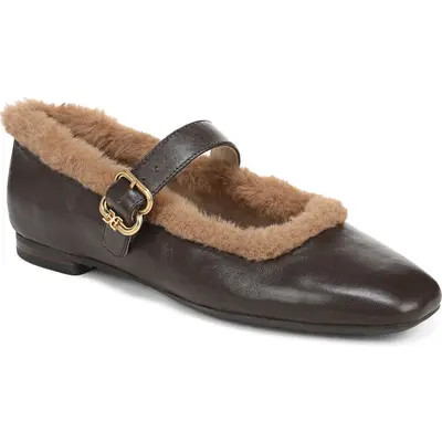 Sam Edelman Michaela Faux Fur Trim Mary Jane Flat in Bamboo Brown at Nordstrom, Size 10 | Nordstrom
