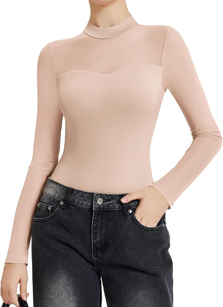Avidlove Long Sleeve Bodysuits for Women Mock Neck Sheer Mesh Sleeve Bodysuit Double Lined Leotar... | Amazon (US)