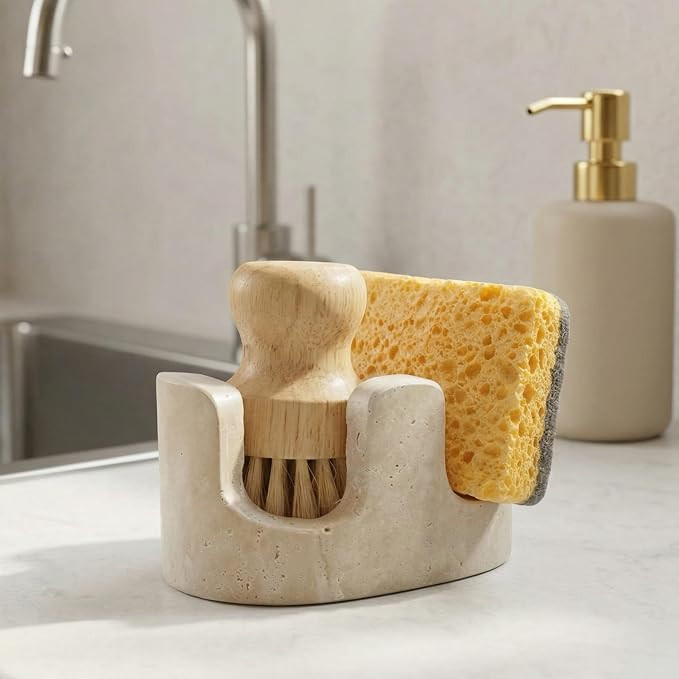 Travertine Sponge Holder for Kitchen Sink, 2-in-1 Sponge & Brush Holder, 2 Slot Natural Stone Sin... | Amazon (US)