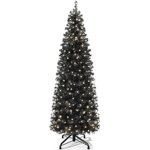 YITAHOME Pre-Lit Artificial Pencil Christmas Tree 7.5ft, Black Hinged Slim Halloween Christmas Tr... | Amazon (US)